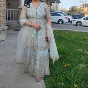 Elegant Embroidered Sharara in Light Blue  and Gold